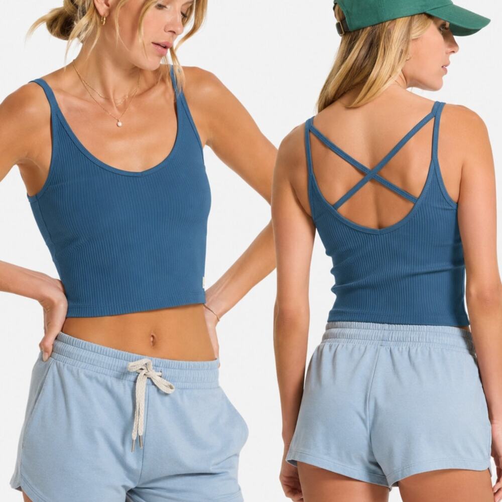 NWT Vuori Rib Crop Tank Pool Blue Built-In Bra Size S